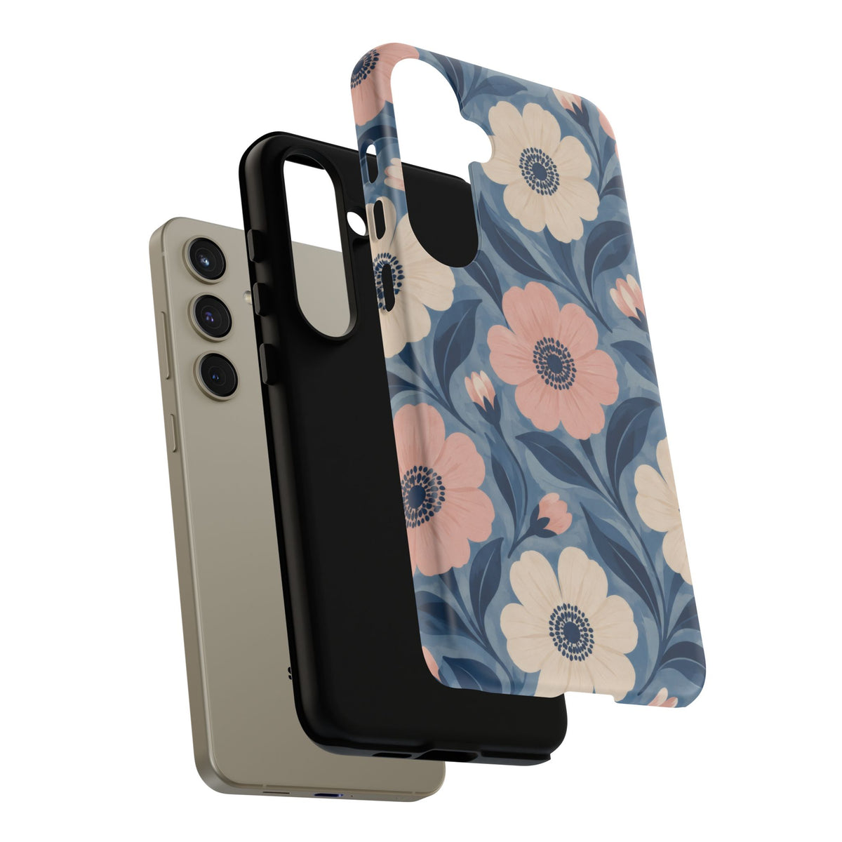 Petal Mosaic Samsung Galaxy Tough Case | Pink & Ivory Floral on Blue