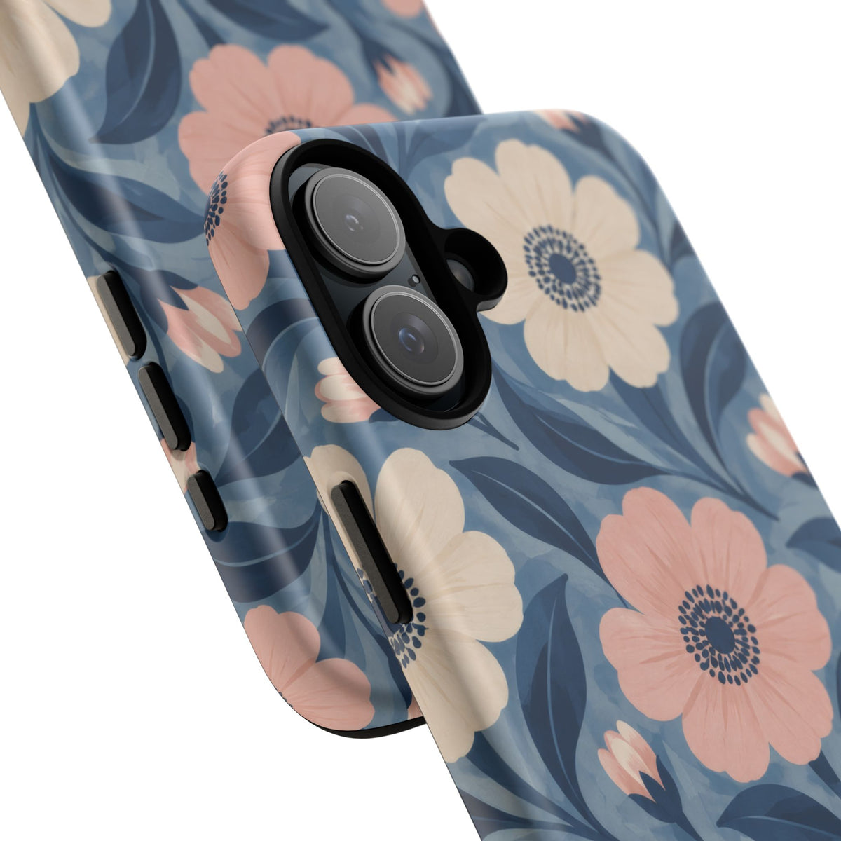 Petal Mosaic iPhone Tough Case | Pink & Ivory Floral on Blue