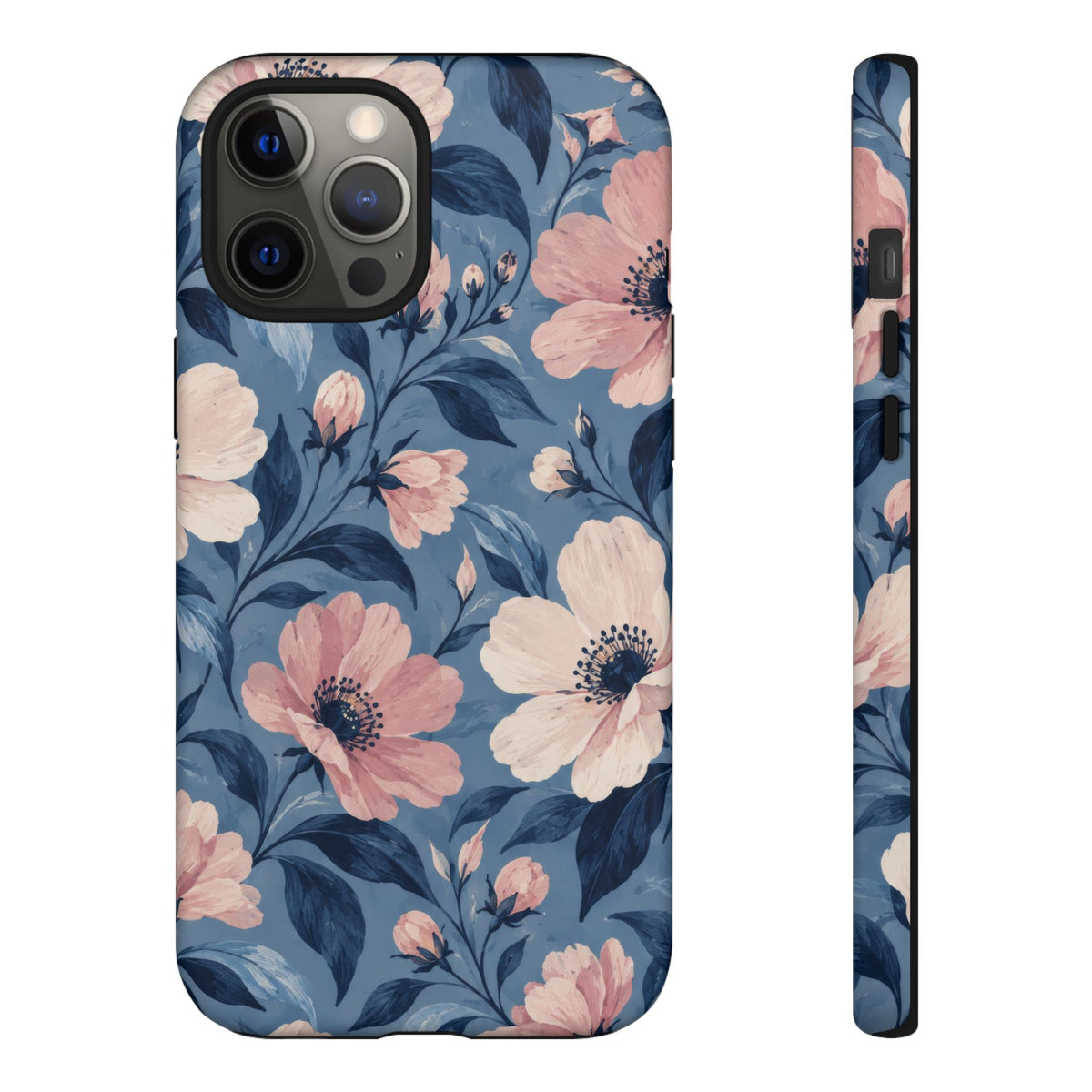Dusk Blossom iPhone Tough Case | Pink & Ivory Floral on Blue