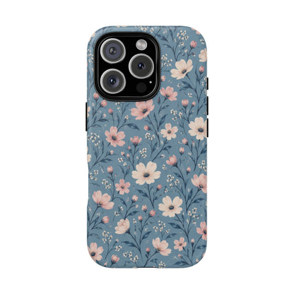 Blue Meadow iPhone Tough Case | Pink & Ivory Floral on Blue
