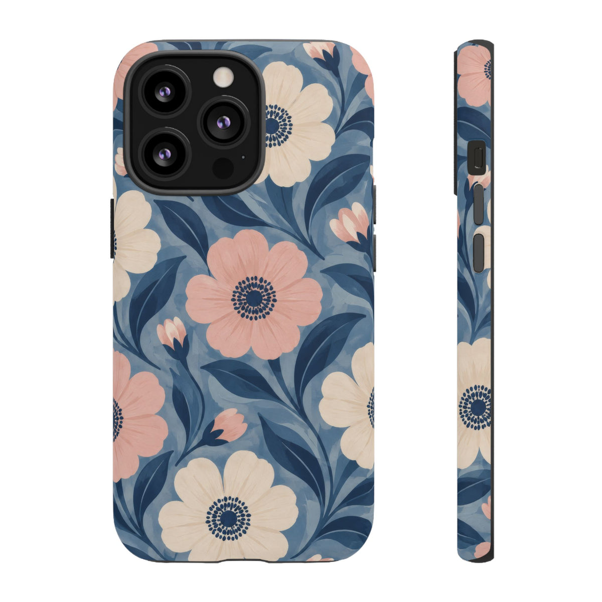 Petal Mosaic iPhone Tough Case | Pink & Ivory Floral on Blue