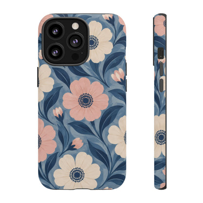 Petal Mosaic iPhone Tough Case | Pink & Ivory Floral on Blue