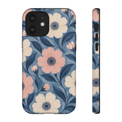 Petal Mosaic iPhone Tough Case | Pink & Ivory Floral on Blue