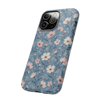 Blue Meadow iPhone Tough Case | Pink & Ivory Floral on Blue