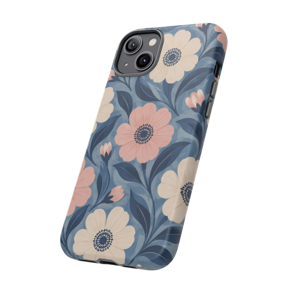 Petal Mosaic iPhone Tough Case | Pink & Ivory Floral on Blue