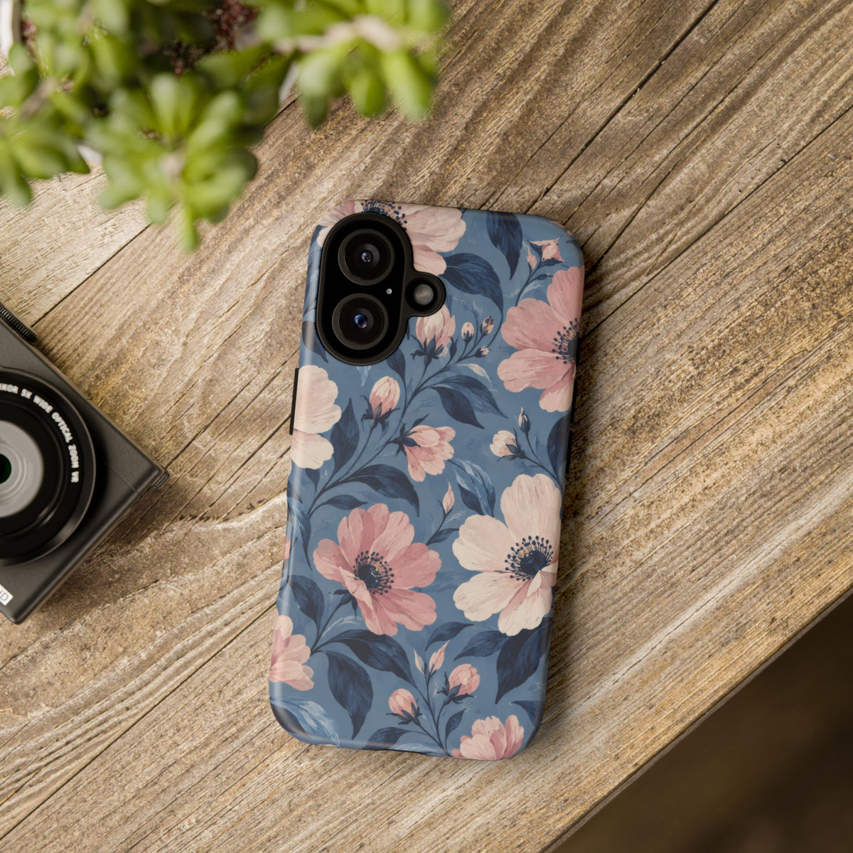 Dusk Blossom iPhone Tough Case | Pink & Ivory Floral on Blue