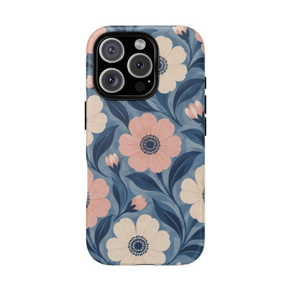 Petal Mosaic iPhone Tough Case | Pink & Ivory Floral on Blue