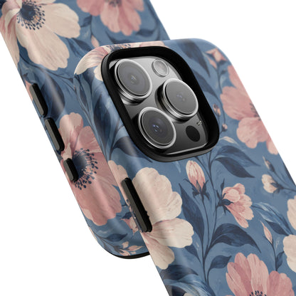Dusk Blossom iPhone Tough Case | Pink & Ivory Floral on Blue