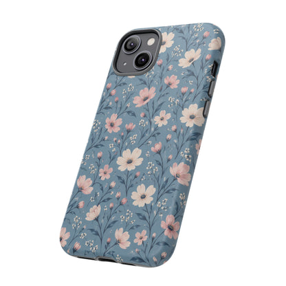 Blue Meadow iPhone Tough Case | Pink & Ivory Floral on Blue