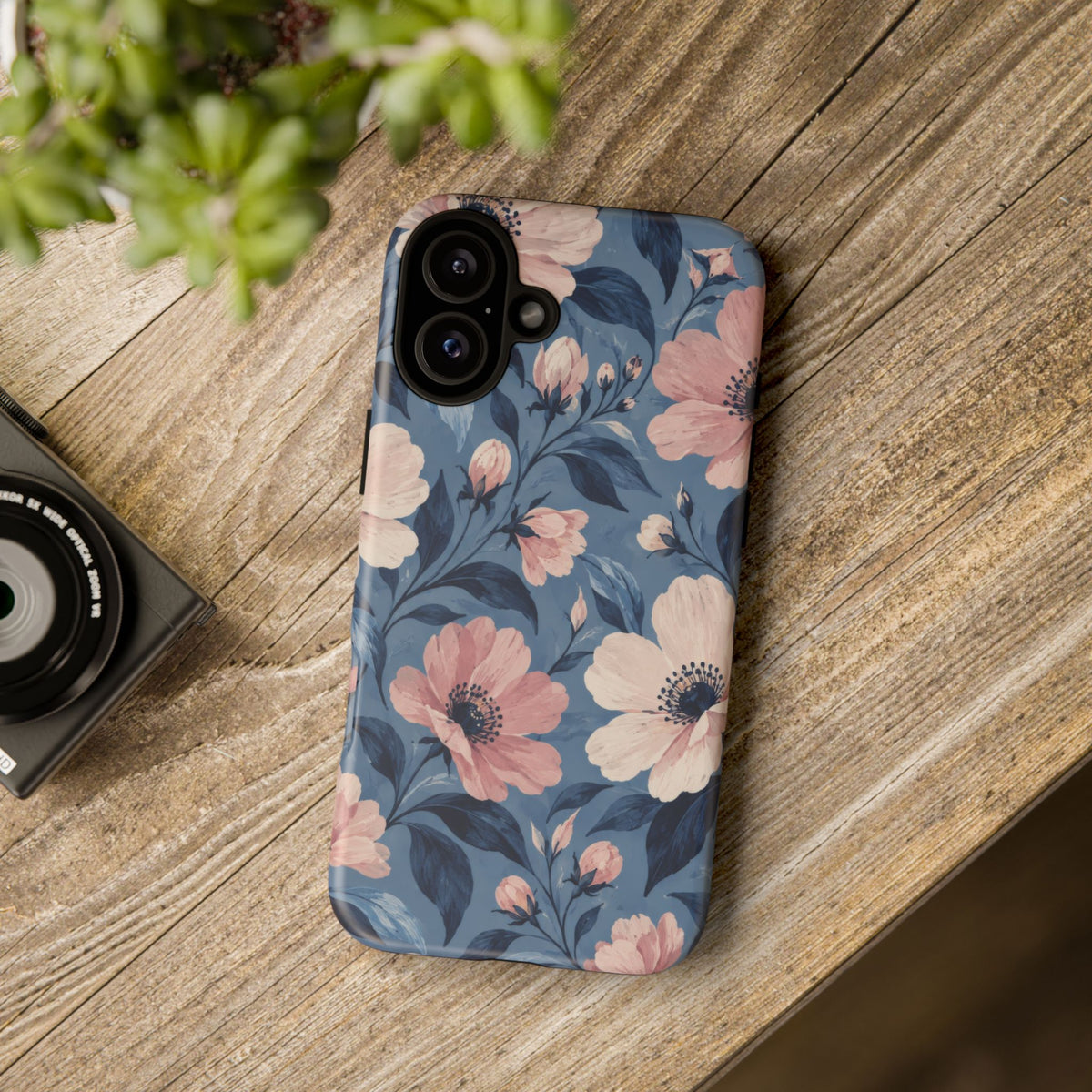 Dusk Blossom iPhone Tough Case | Pink & Ivory Floral on Blue