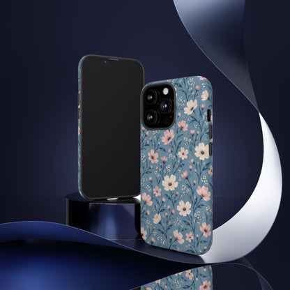 Blue Meadow iPhone Tough Case | Pink & Ivory Floral on Blue