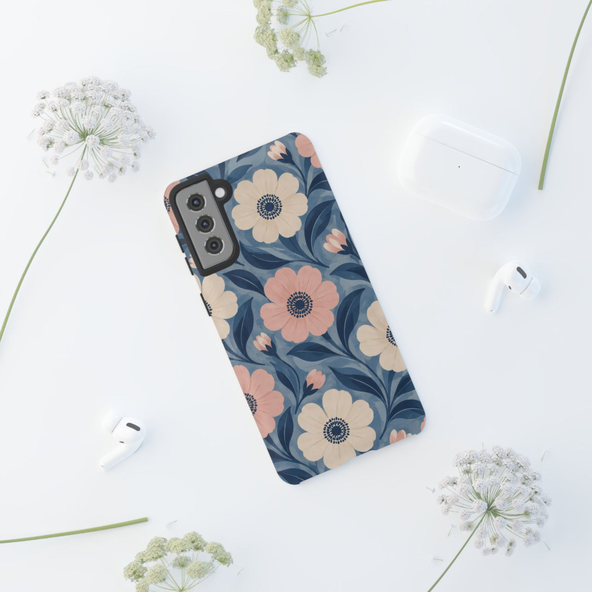 Petal Mosaic Samsung Galaxy Tough Case | Pink & Ivory Floral on Blue