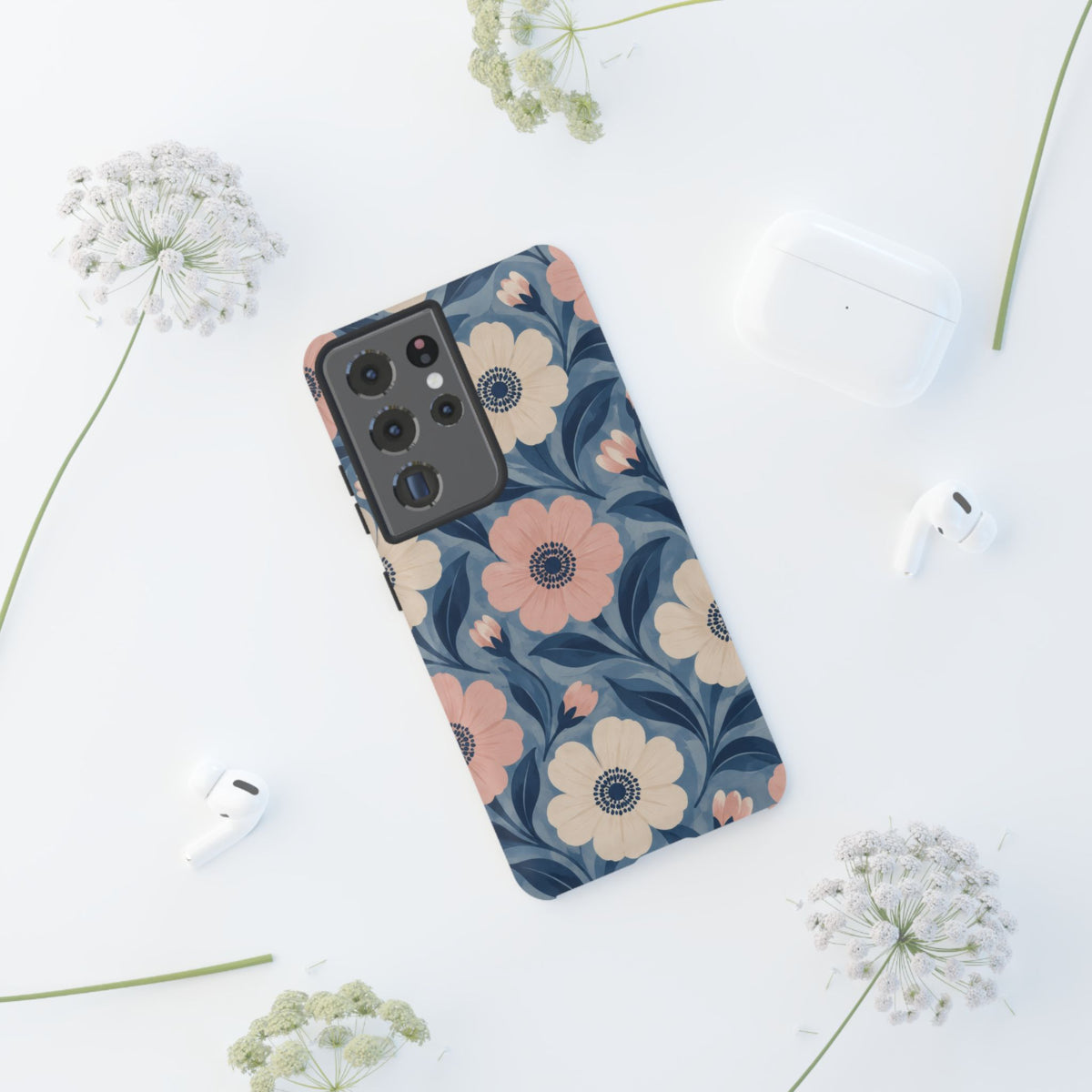 Petal Mosaic Samsung Galaxy Tough Case | Pink & Ivory Floral on Blue