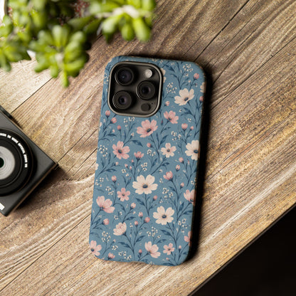 Blue Meadow iPhone Tough Case | Pink & Ivory Floral on Blue