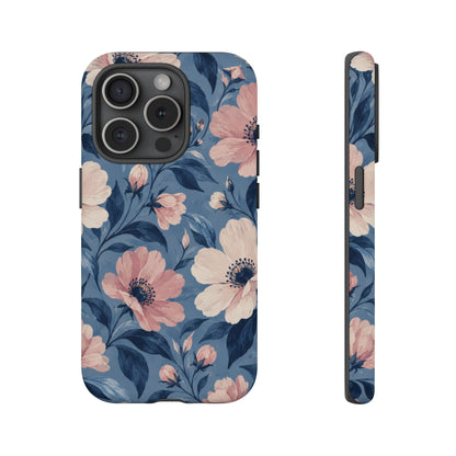 Dusk Blossom iPhone Tough Case | Pink & Ivory Floral on Blue