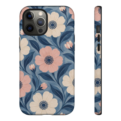 Petal Mosaic iPhone Tough Case | Pink & Ivory Floral on Blue