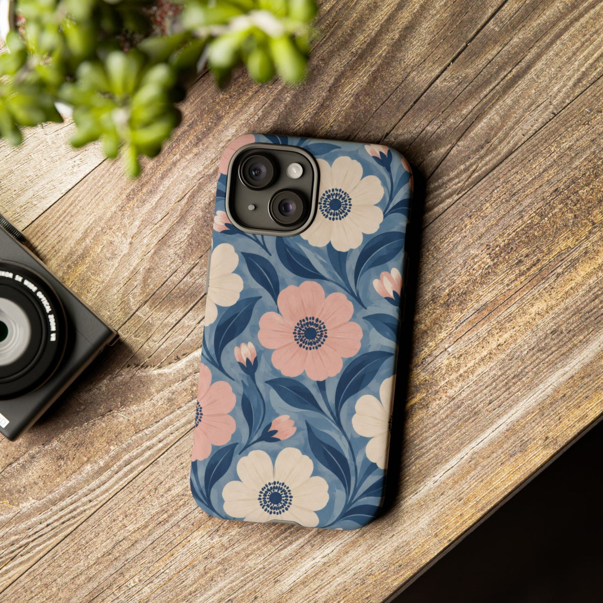 Petal Mosaic iPhone Tough Case | Pink & Ivory Floral on Blue