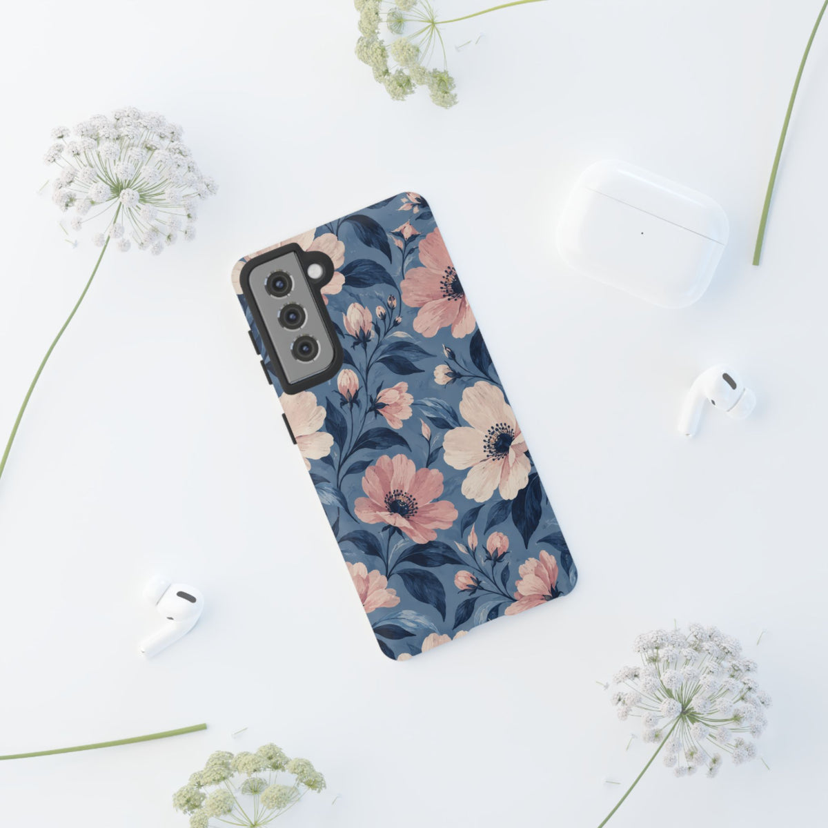 Dusk Blossom Samsung Galaxy Tough Case | Pink & Ivory Floral on Blue