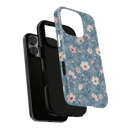 Blue Meadow iPhone Tough Case | Pink & Ivory Floral on Blue