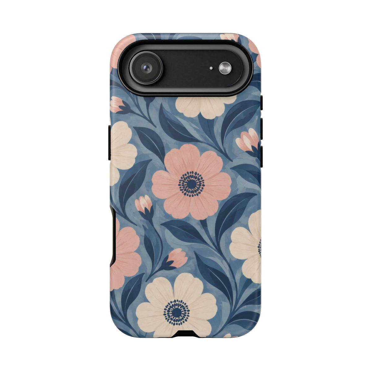 Petal Mosaic iPhone Tough Case | Pink & Ivory Floral on Blue
