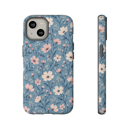 Blue Meadow iPhone Tough Case | Pink & Ivory Floral on Blue