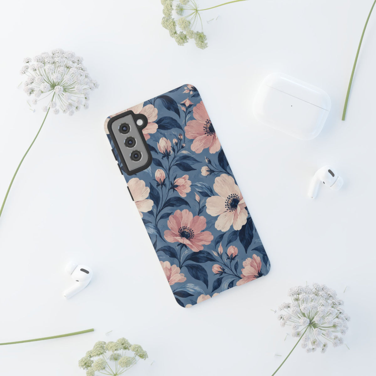 Dusk Blossom Samsung Galaxy Tough Case | Pink & Ivory Floral on Blue