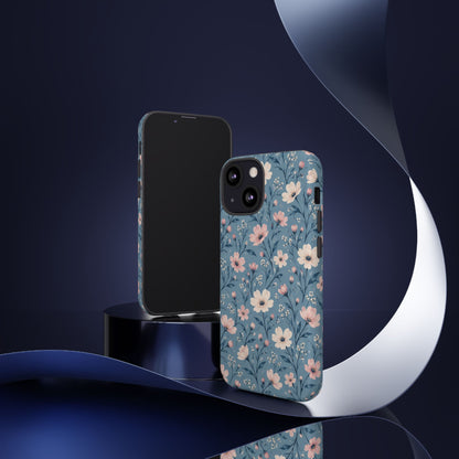 Blue Meadow iPhone Tough Case | Pink & Ivory Floral on Blue