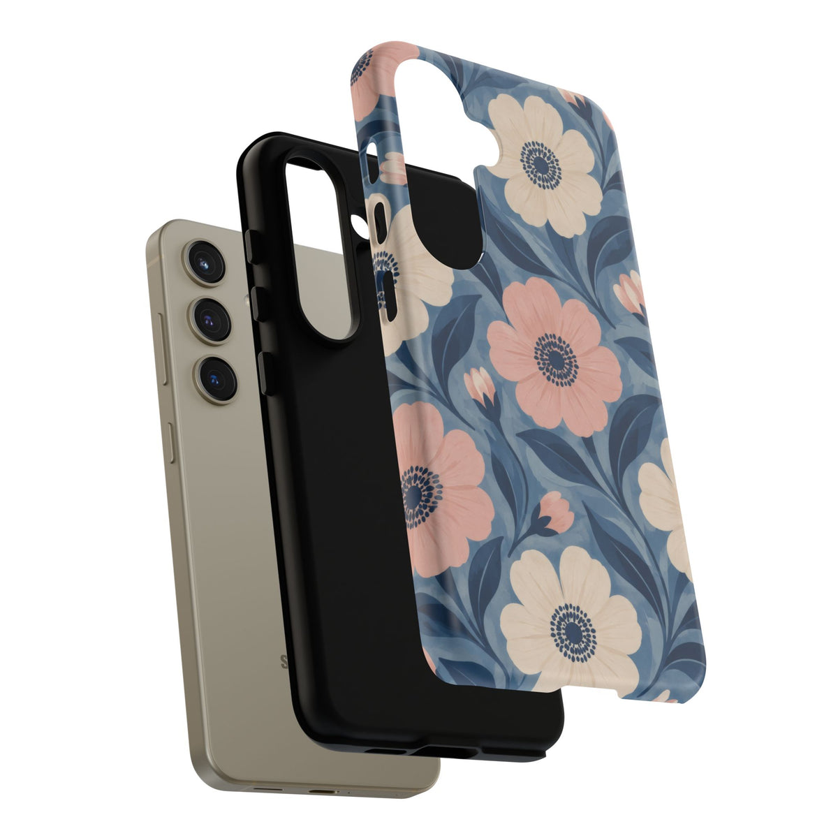 Petal Mosaic Samsung Galaxy Tough Case | Pink & Ivory Floral on Blue