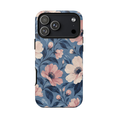 Dusk Blossom iPhone Tough Case | Pink & Ivory Floral on Blue