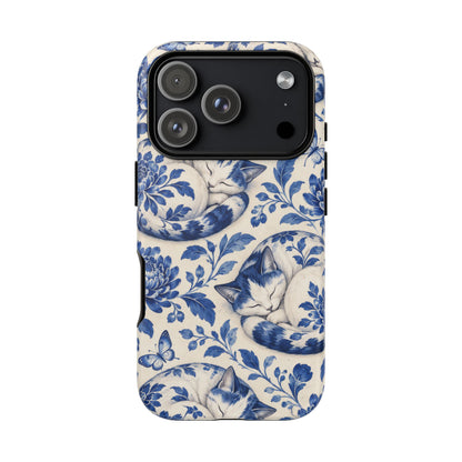 Porcelain Paws iPhone Tough Case | blue cat pattern