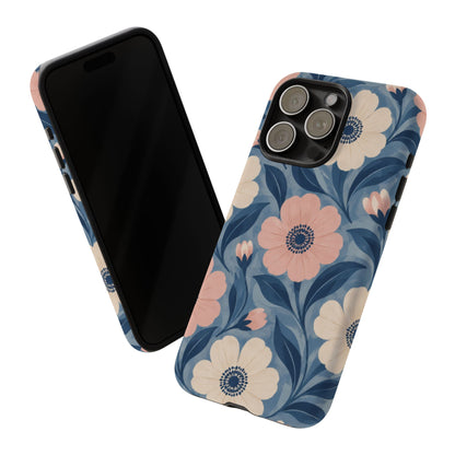 Petal Mosaic iPhone Tough Case | Pink & Ivory Floral on Blue