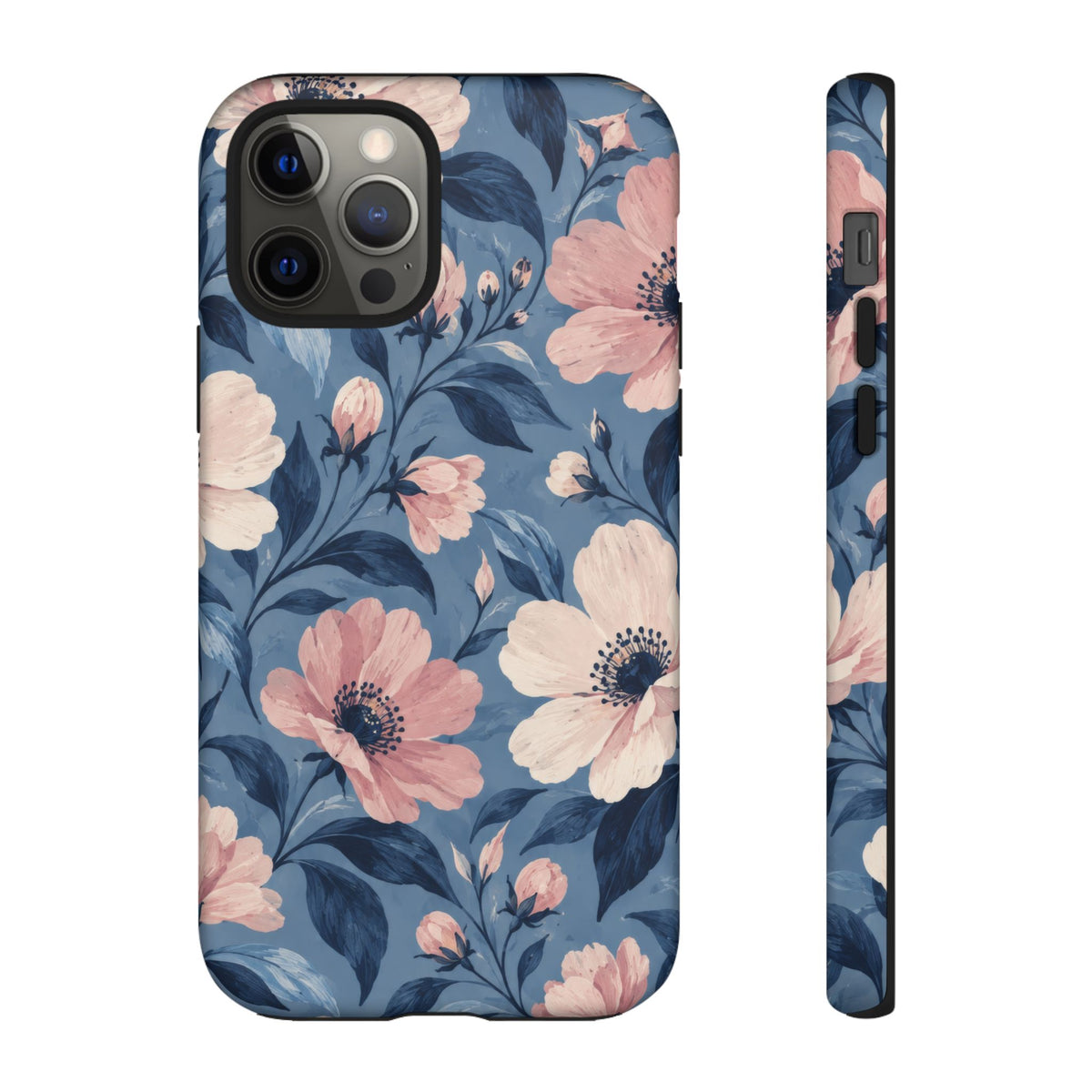 Dusk Blossom iPhone Tough Case | Pink & Ivory Floral on Blue