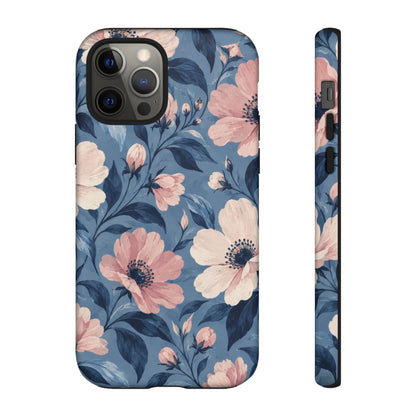 Dusk Blossom iPhone Tough Case | Pink & Ivory Floral on Blue