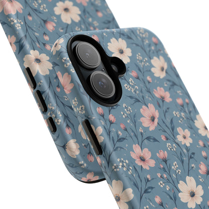 Blue Meadow iPhone Tough Case | Pink & Ivory Floral on Blue