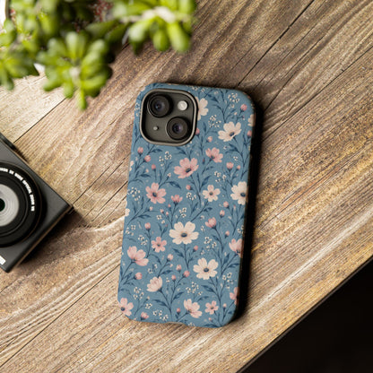 Blue Meadow iPhone Tough Case | Pink & Ivory Floral on Blue