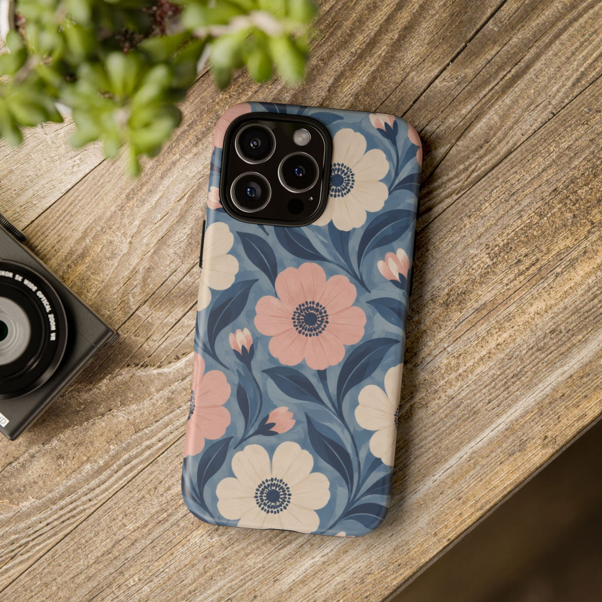 Petal Mosaic iPhone Tough Case | Pink & Ivory Floral on Blue