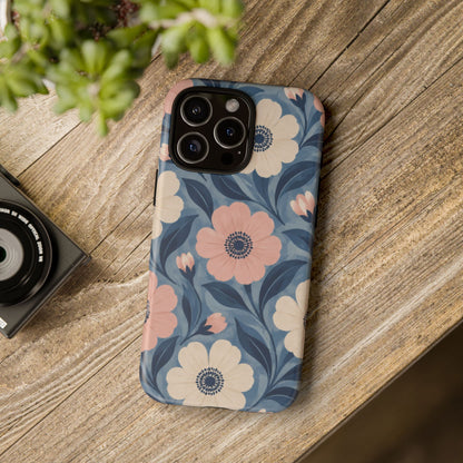 Petal Mosaic iPhone Tough Case | Pink & Ivory Floral on Blue