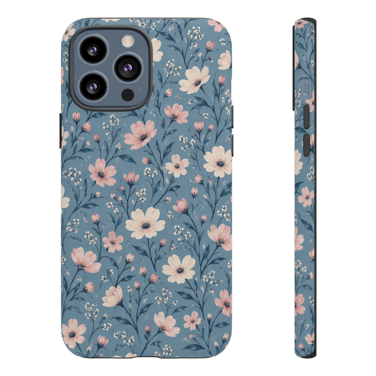 Blue Meadow iPhone Tough Case | Pink & Ivory Floral on Blue