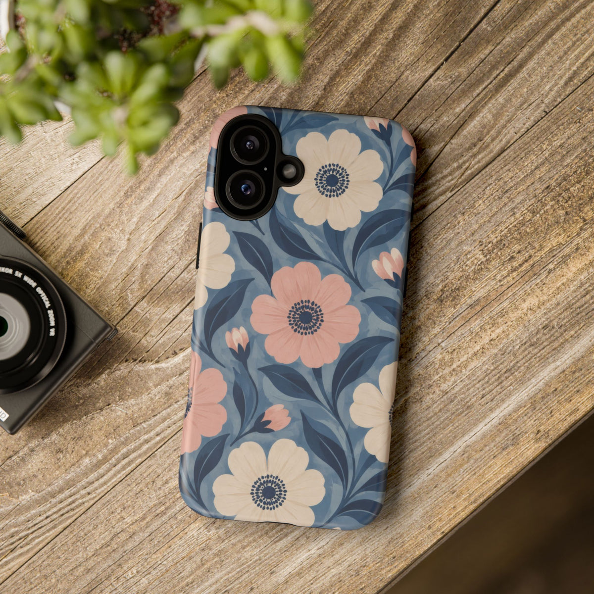 Petal Mosaic iPhone Tough Case | Pink & Ivory Floral on Blue