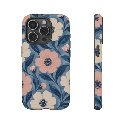 Petal Mosaic iPhone Tough Case | Pink & Ivory Floral on Blue