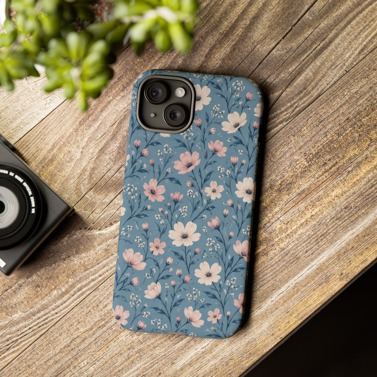 Blue Meadow iPhone Tough Case | Pink & Ivory Floral on Blue