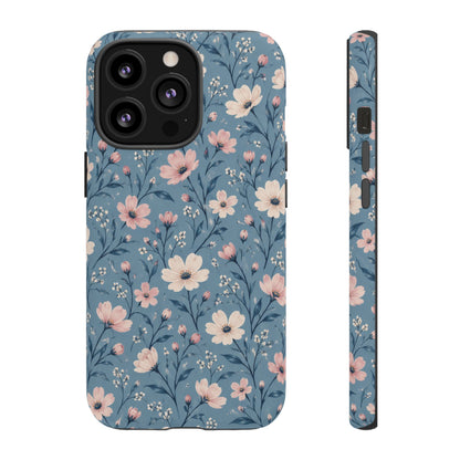 Blue Meadow iPhone Tough Case | Pink & Ivory Floral on Blue