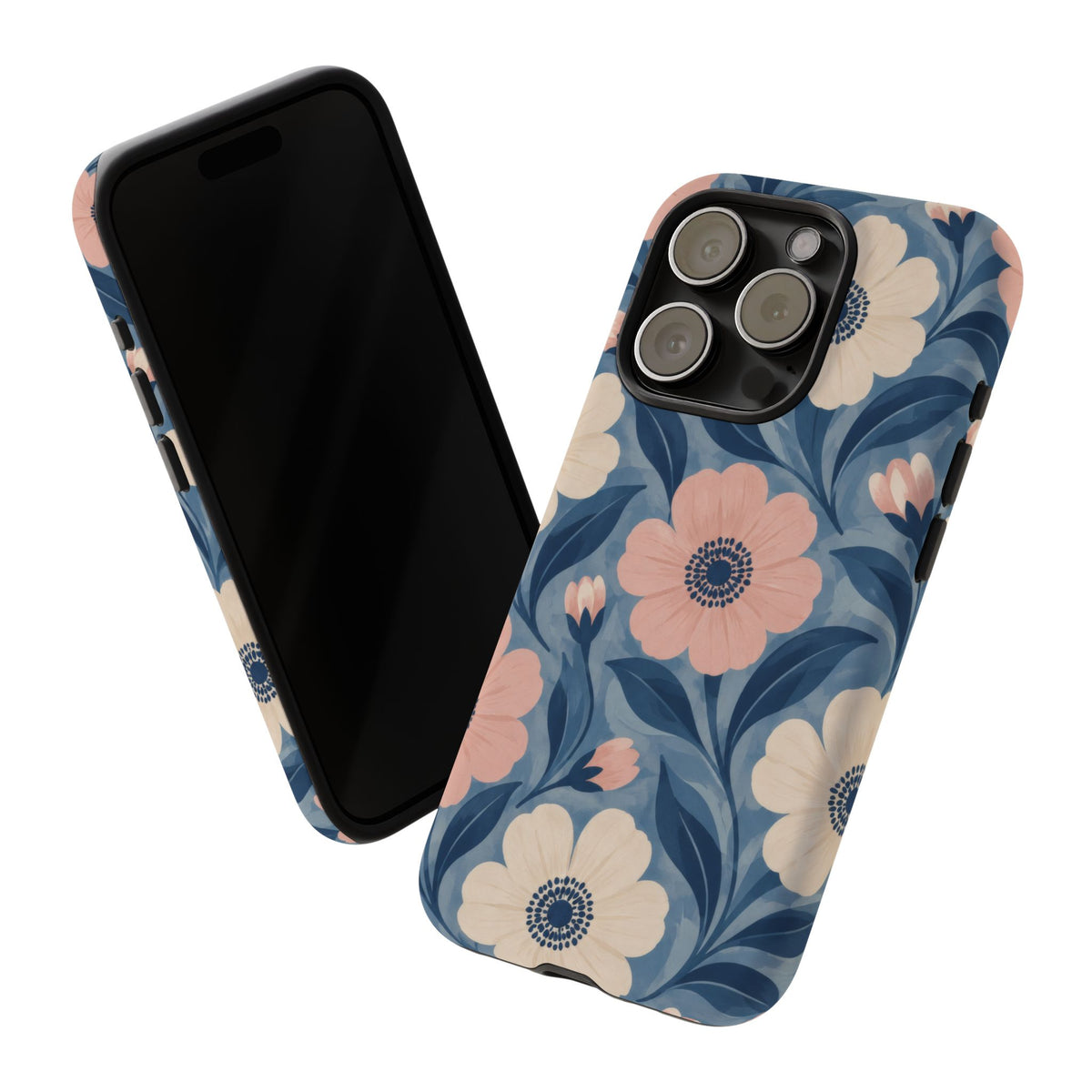 Petal Mosaic iPhone Tough Case | Pink & Ivory Floral on Blue
