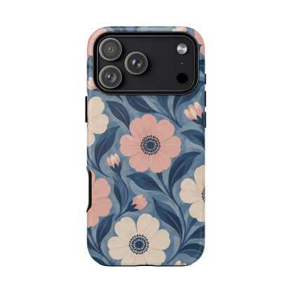 Petal Mosaic iPhone Tough Case | Pink & Ivory Floral on Blue