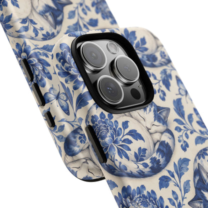 Porcelain Paws iPhone Tough Case | blue cat pattern