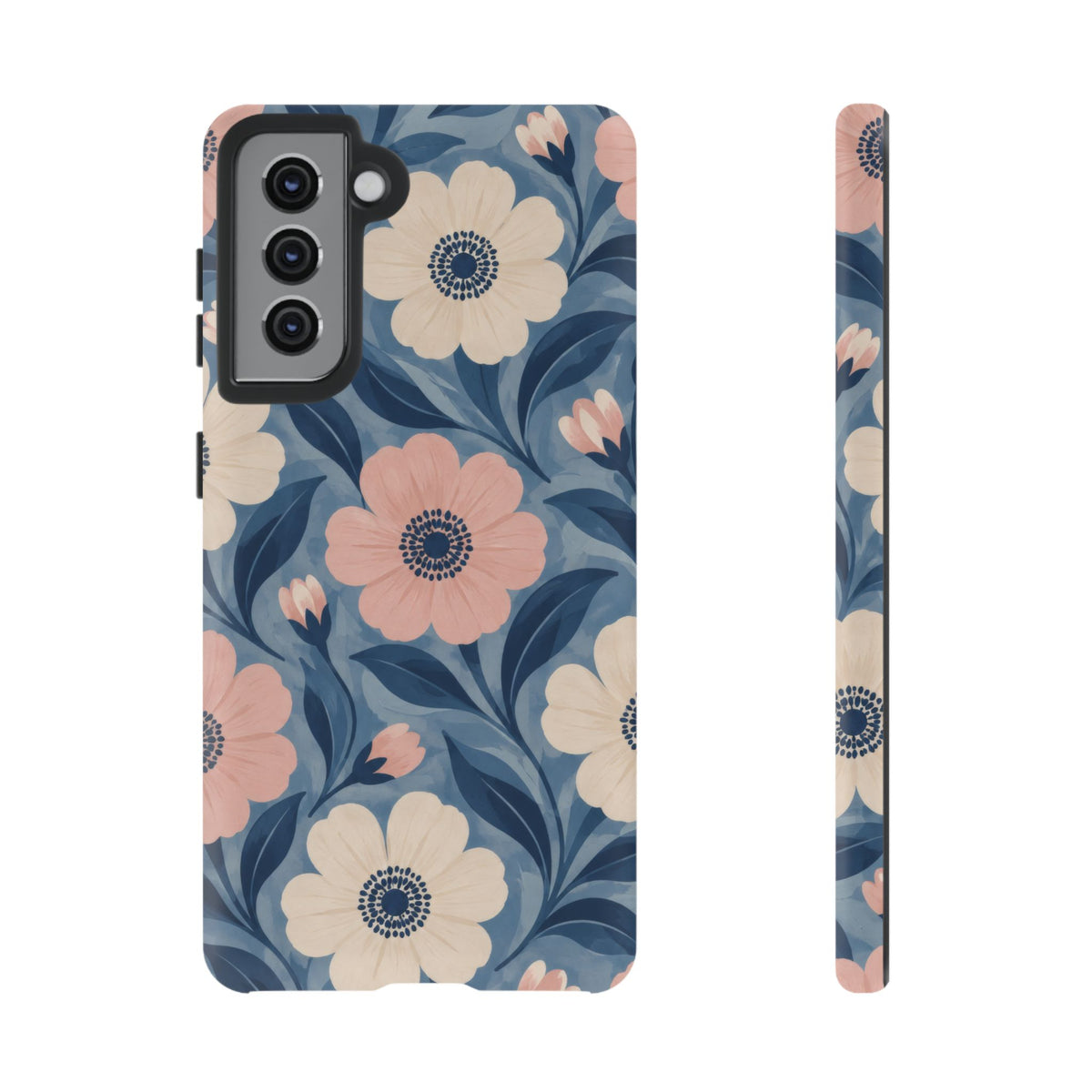 Petal Mosaic Samsung Galaxy Tough Case | Pink & Ivory Floral on Blue