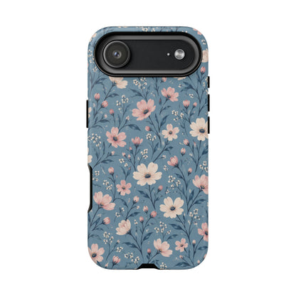 Blue Meadow iPhone Tough Case | Pink & Ivory Floral on Blue