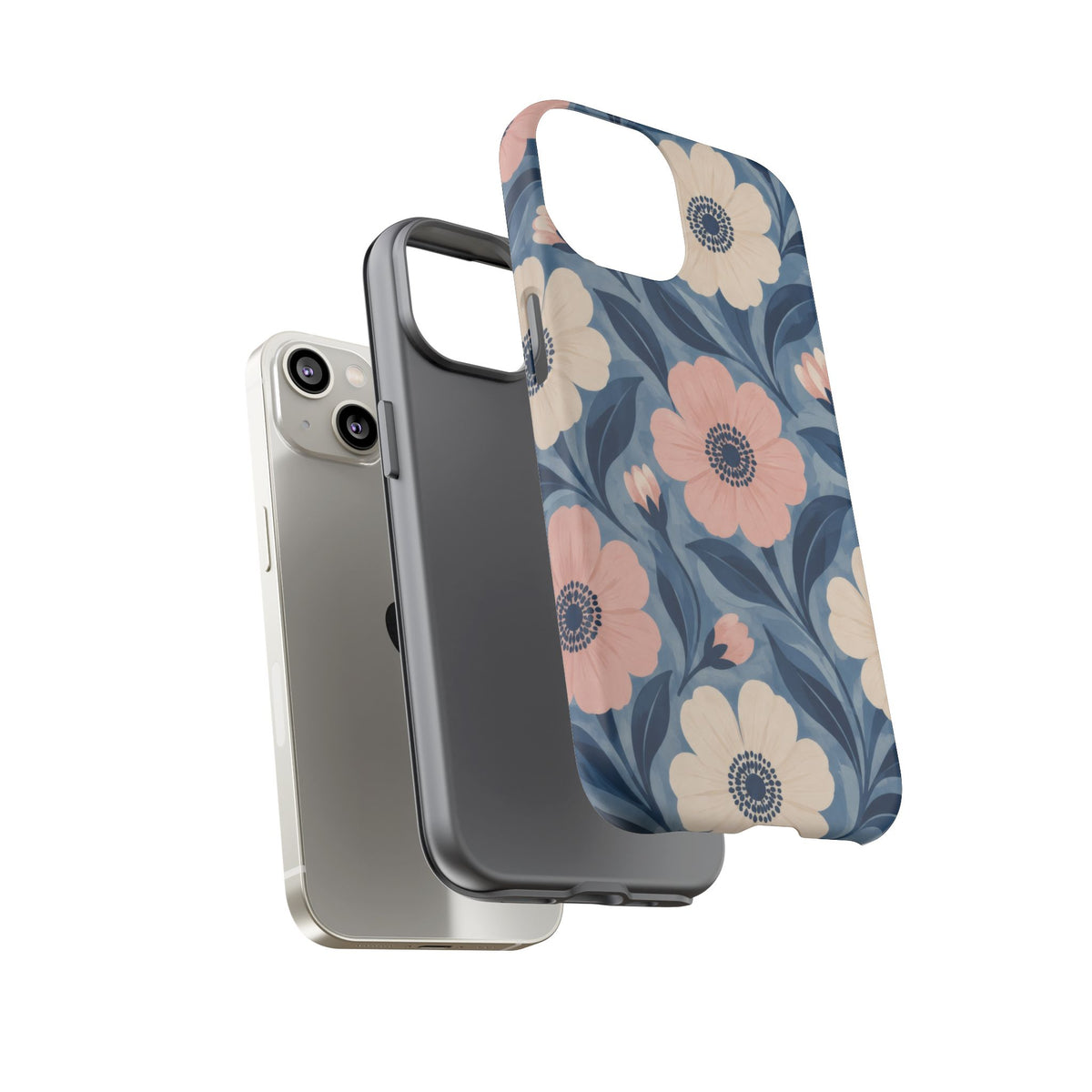 Petal Mosaic iPhone Tough Case | Pink & Ivory Floral on Blue