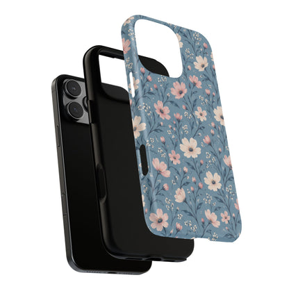 Blue Meadow iPhone Tough Case | Pink & Ivory Floral on Blue