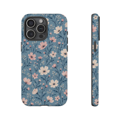Blue Meadow iPhone Tough Case | Pink & Ivory Floral on Blue